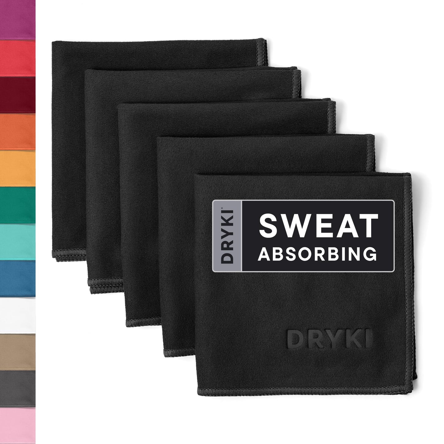 DRYKI Sweat Absorbing Handkerchiefs - The Original Pocket-Sized Sweat Towels - Quick-Dry Microfiber Sweat Rags for Face, Hands, & Body - Men & Women - Gym, Sports, and Work (Black: 5 Pack)