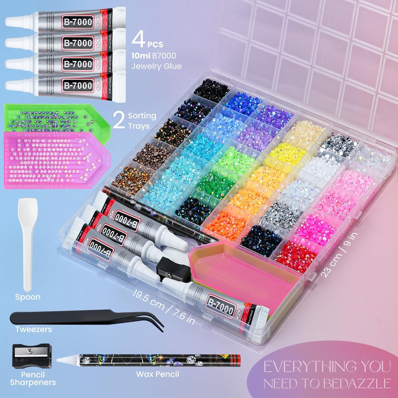 LOTWOW 40000 Pcs Resin Jelly Rhinestones Kit, 30 Colors 3mm Flatback Rhinestones with 4 Pcs B7000 Jewelry Glue & Tools, All-in-One Bedazzling Kit for DIY Arts & Crafts Gifts