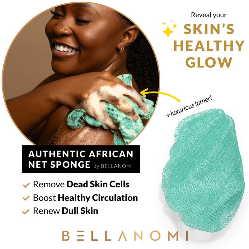 BELLANOMI African Exfoliating Net Sponge, Authentic, Ethically sourced from Nigeria, 45 inches Long, Back Scrubber for Daily use (Seafoam)