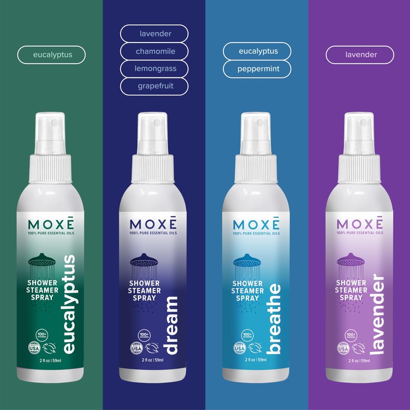 MOXE Aromatherapy Shower Mist Variety Pack, Eucalyptus, Lavender, Breathe and Dream, Spa Steam Spray, Natural 100% Essential Oils, Made in USA, Aromatherapy, Sinus Congestion Relief, 4 Pack (8oz)