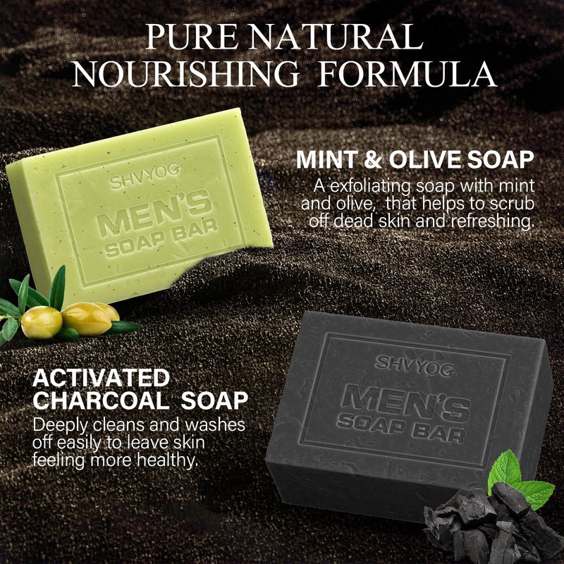 SHVYOG Mens Soap, 4 Pack Mens Bar Soap, Gift for Men Natural Cold Pressed Handmade Exfoliating Soap, Deep Cleansing, Moisturizing Bar Soap, Sandalwood Amber, Mint, Charcoal, Turmeric - 150G*4