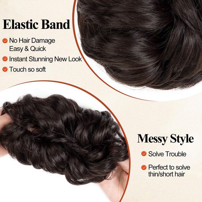 NEOWIG 2PCS Messy Bun Hair Piece for Women Wavy Curly Hair Bun Hair Pieces Synthetic Updo Chignon Fake Scrunchies Ponytail Extension for Daily Dark Brown