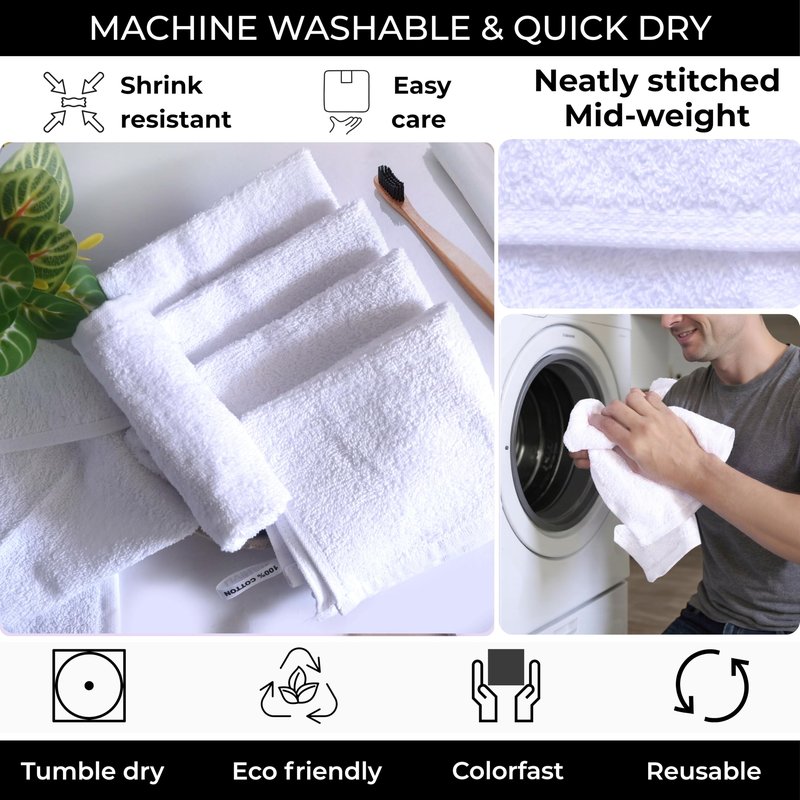 LIVINATI White 100% Cotton Wash Cloths for Showering Body and Face - 12"X12" 6 Pack Washcloths - Small Terry Towel Bath Rags for Adults and Kids Bathroom - Soft Absorbent