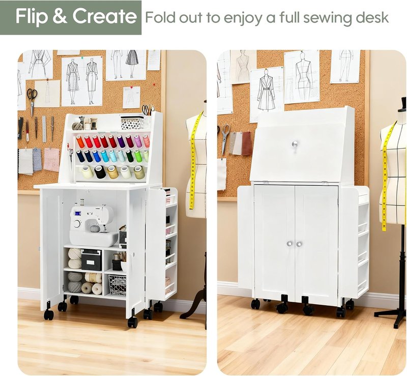 Foldable Sewing Cabinet with Power Outlet, Rolling Sewing Table with Storage and Lockable Wheels, Portable Folding Craft Table with Side Thread & Tool Storage for Quilting & Home Sewing (White)