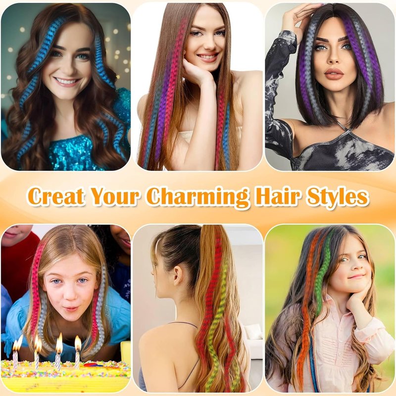 Skiennix 65 Pcs Hair Feather Extensions Kit - 13 Color Long Synthetic Feathers with Microlink Beads for Parties & Festivals
