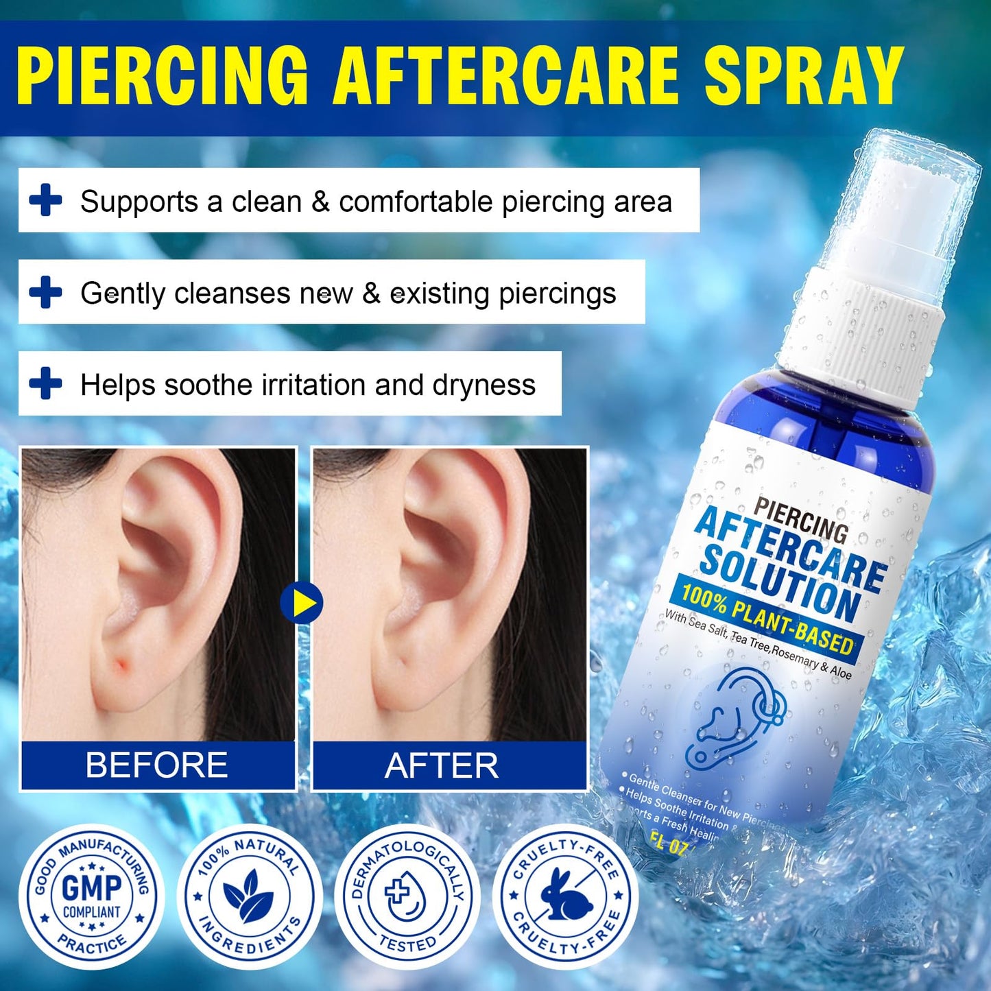 Piercing Aftercare Spray, Saline Spray for Piercings, Saline Solution for Ear, Nose, Navel & Body Piercing Cleaner & Soothing, 60ML