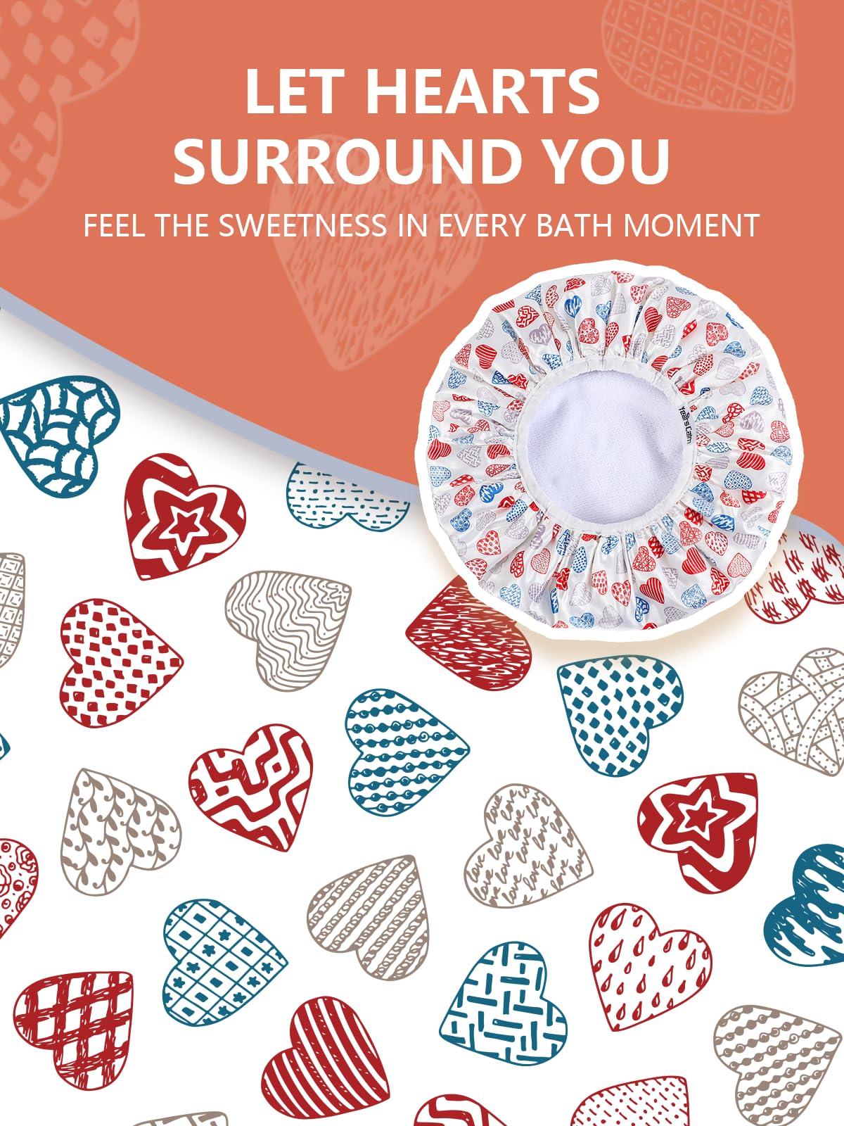 Years calm Terry Lined Shower Cap, Triple Layer Heart Motifs,Waterproof Reusable Elastic,Hair Shower Cap for Women,Terry Cloth Shower Caps for Spa,Clean,Trave (White, One Size)