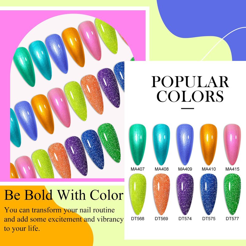 MEET ACROSS 12Pcs Gel Nail Polish Set 10 Colors Metallic Gel Polish + Reflective Glitter Neon Gel Polish, Soak Off Uv Led Nail Polish Kit with Base Top Coat Nail Gift for Her