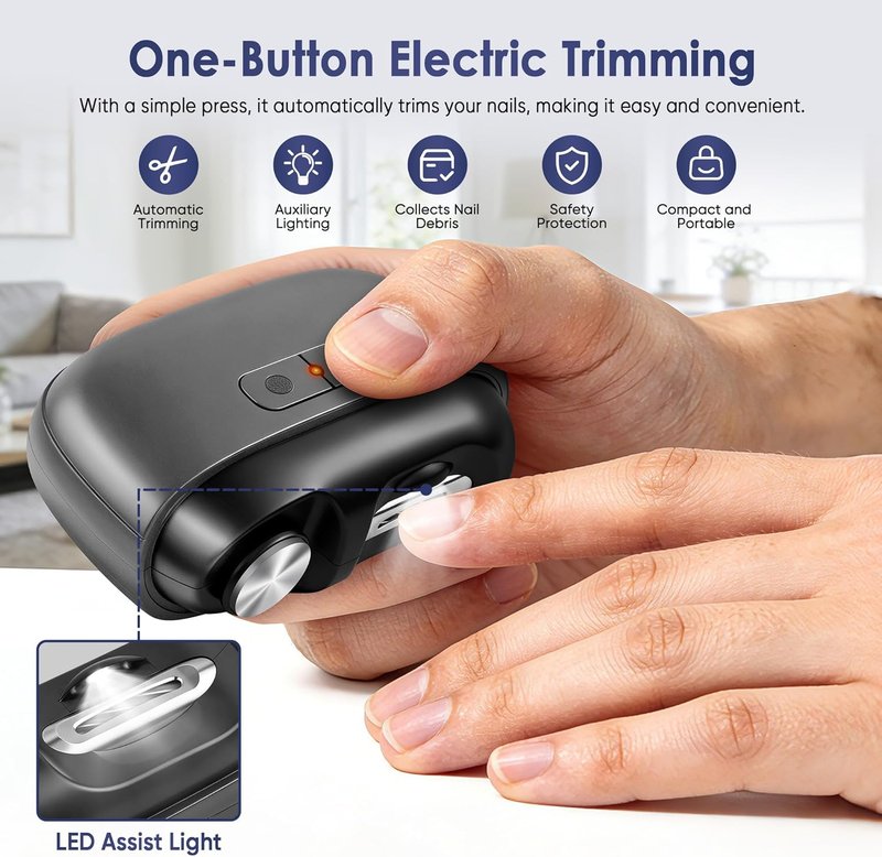 Skiennix Electric Nail Clipper - Rechargeable Trimmer with Light & Storage for Seniors | Black