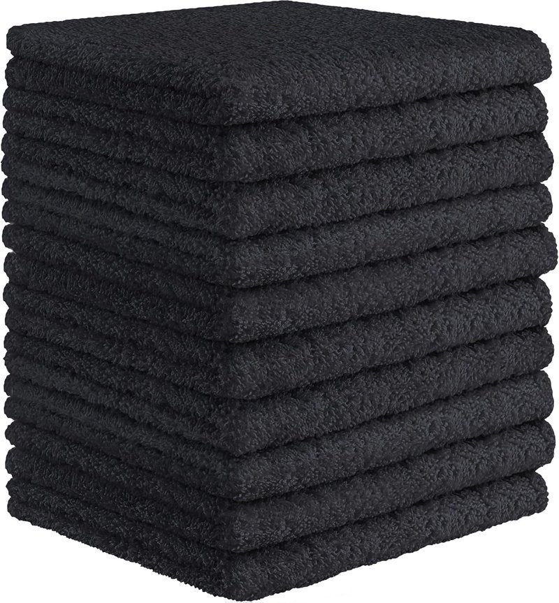 100% Cotton Wash Cloths - Luxuriously Soft & Ultra Absorbent | 12 x 12 Inch Black (10 Pack)