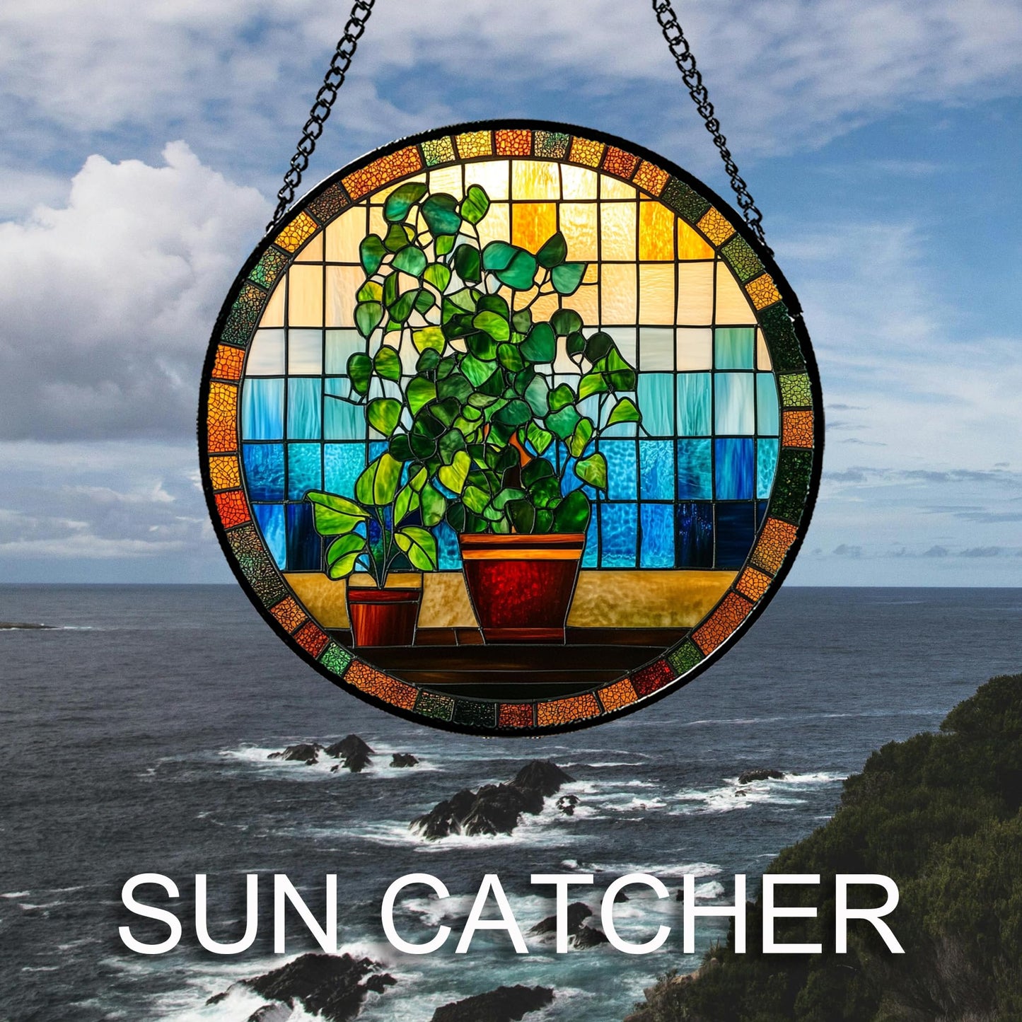 QZQCBLC Stained Glass Window Hanging Green Potted Plants Large 15" - Suncatcher Door Garden Sun Catcher Retro Home Decor Birthday Christmas for Mom Men Woman Nana Friend