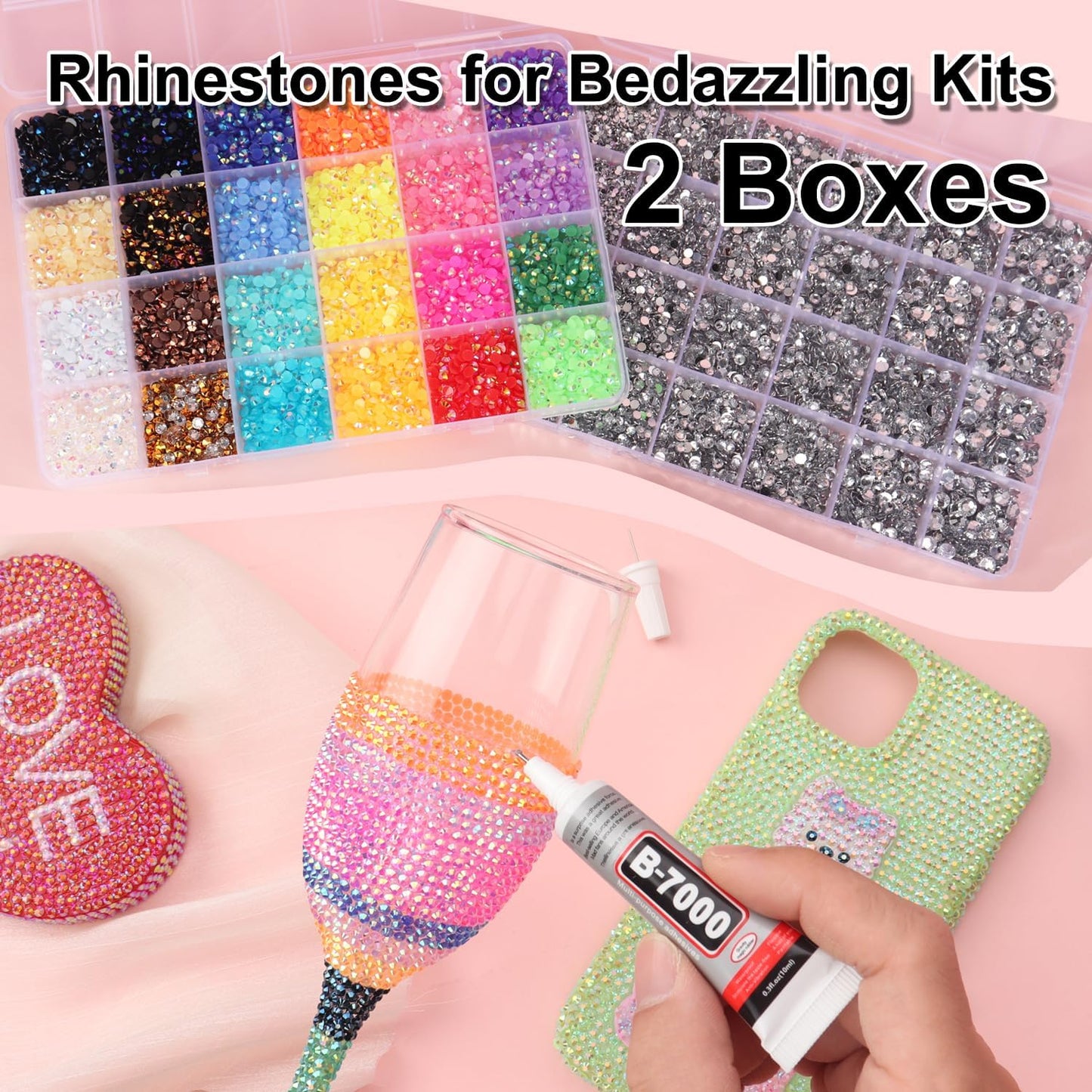 Skiennix Rhinestones Bedazzling Kit - Multicolor 4mm & Silver Clear Flatback Gems with 3Pcs B7000 Glue for DIY Crafts