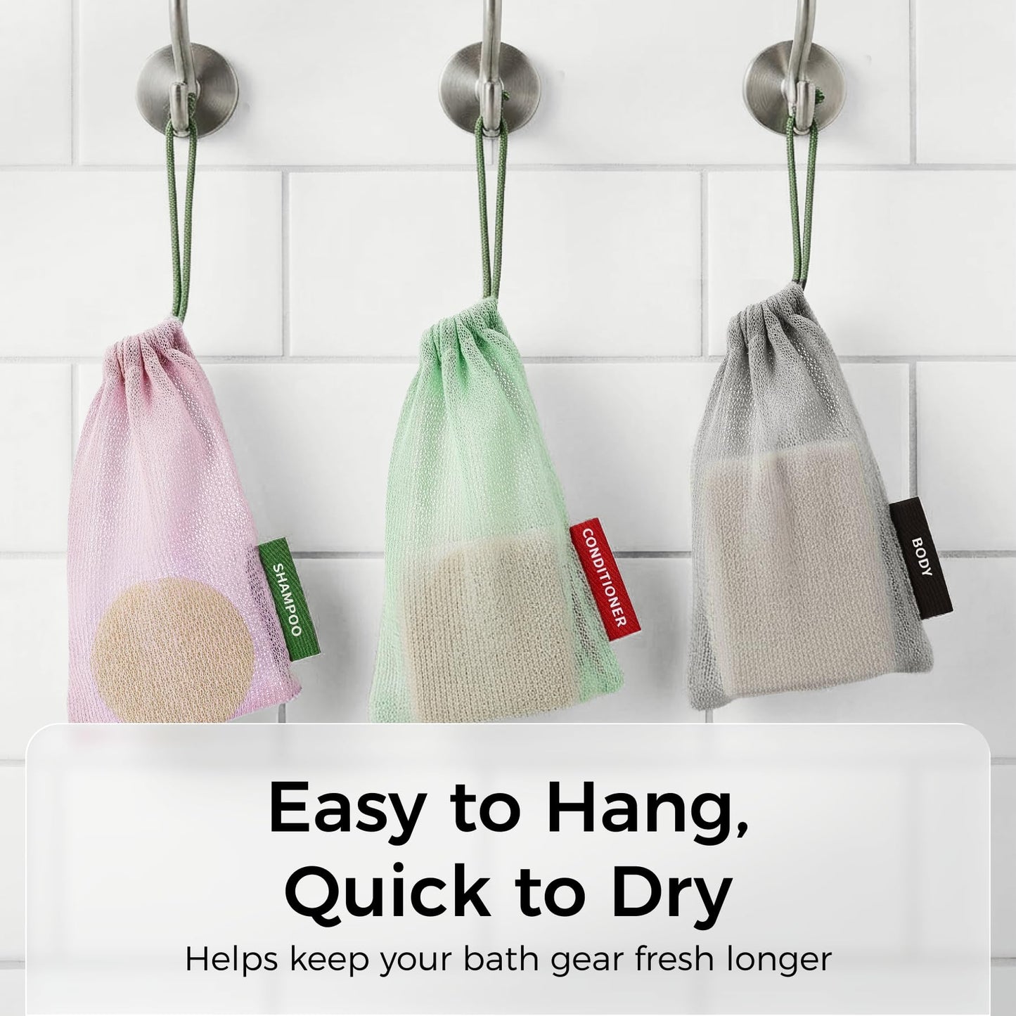 ZOMCHI Foaming Bar Holder for Shower, Mesh Hanging Pouches with Loop, Designed for Body, Shampoo & Conditioner Bars, Color-Labeled Set (3 Pack, Pink)