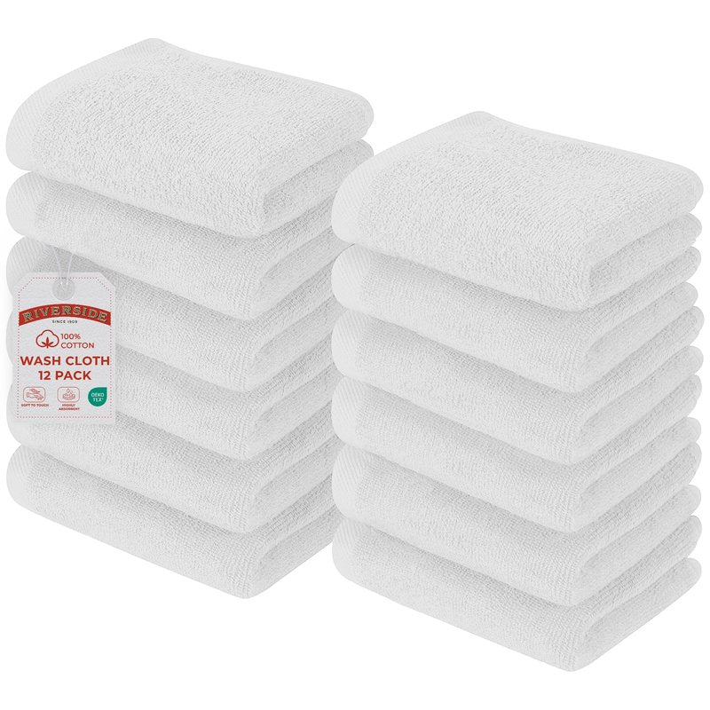 RIVERSIDE Pack of 12 Washcloths, 12 x 12 Inches, 100% Cotton, Premium Flannel Face Cloths, Highly Absorbent & Soft Feel Fingertip Towels (White, 12 Pack)