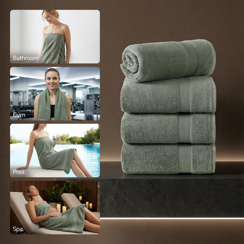 REDKISS Sage Green Bath Towels 4-Pack, 100% Cotton, Thick Plush & Highly Absorbent, 27.5" x 55" for Shower, Spa & Home
