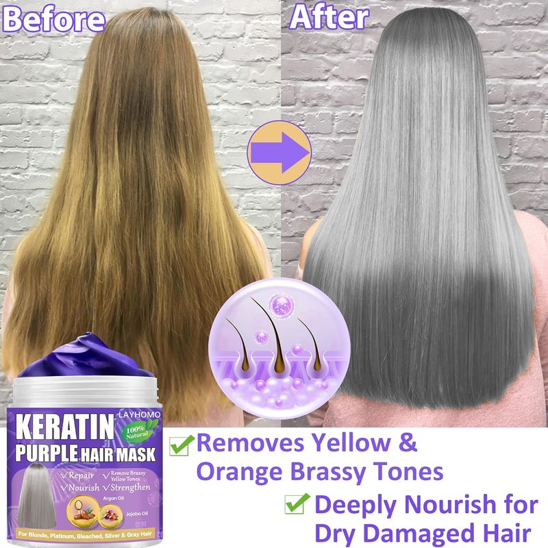Keratin Hair Treatment - Purple Hair Mask for Blonde & Bleached Hair | Collagen & Biotin Deep Conditioner with Argan & Jojoba Oil