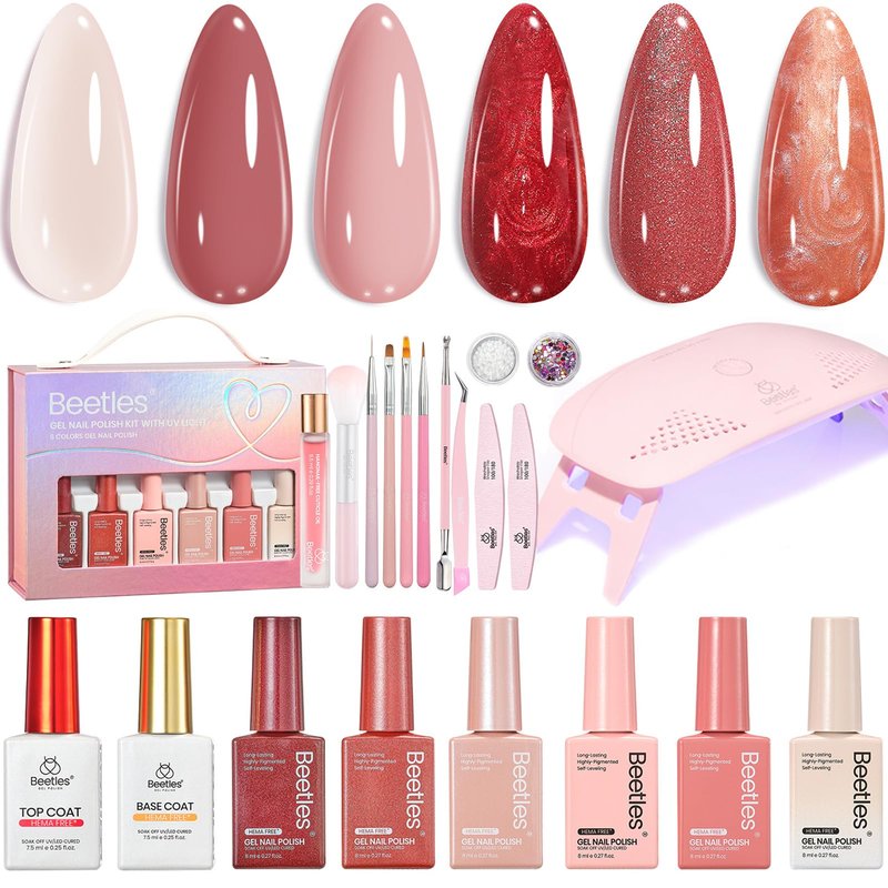 Beetles 22 Pcs HEMA-Free Gel Nail Kit with U V Light - 6 Color Pink Nude Red Pearl White Gel Polish Set Ethereal Glow Gift-Ready Package DIY Salon Portable Manicure Kit Mothers Day Gifts for Women