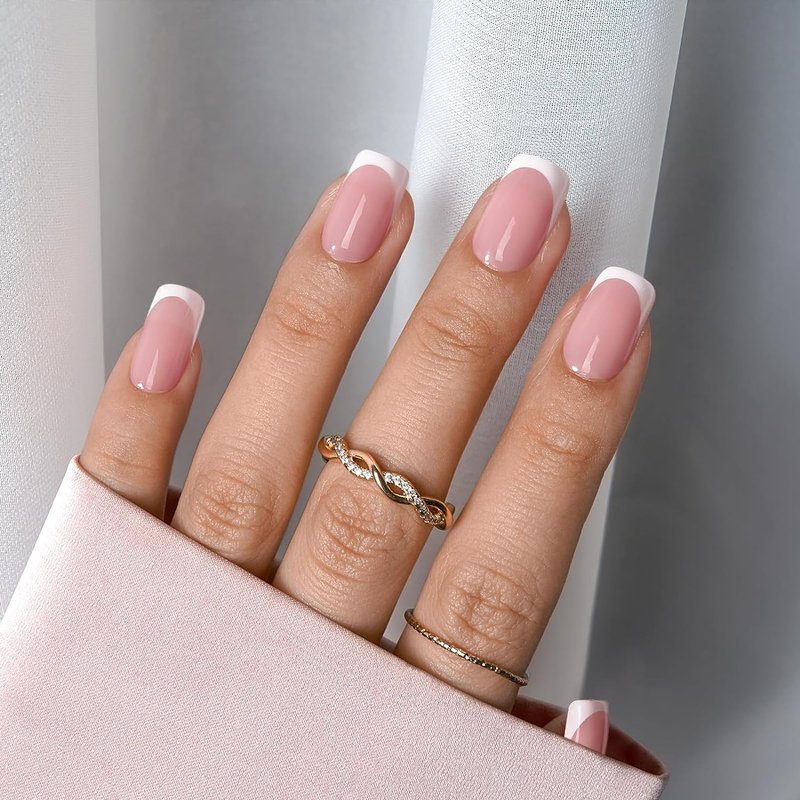 French Tip Press-On Nails | 160 Pcs Pink Square Soft Gel Tips - No Filing Needed, 16 Sizes Included