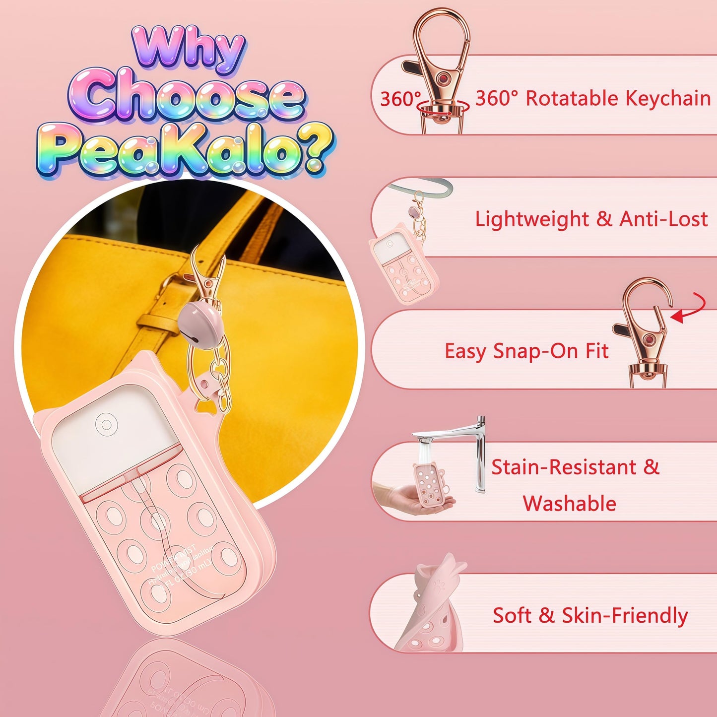 PeaKalo Cat Silicone Case for Touchland Hand Sanitizer Spray, Compatible with Power Mist Glow Mist 1 FL OZ/30ML for Touchland Case with 2 Keychains Cute Bell Portable Travel Accessory