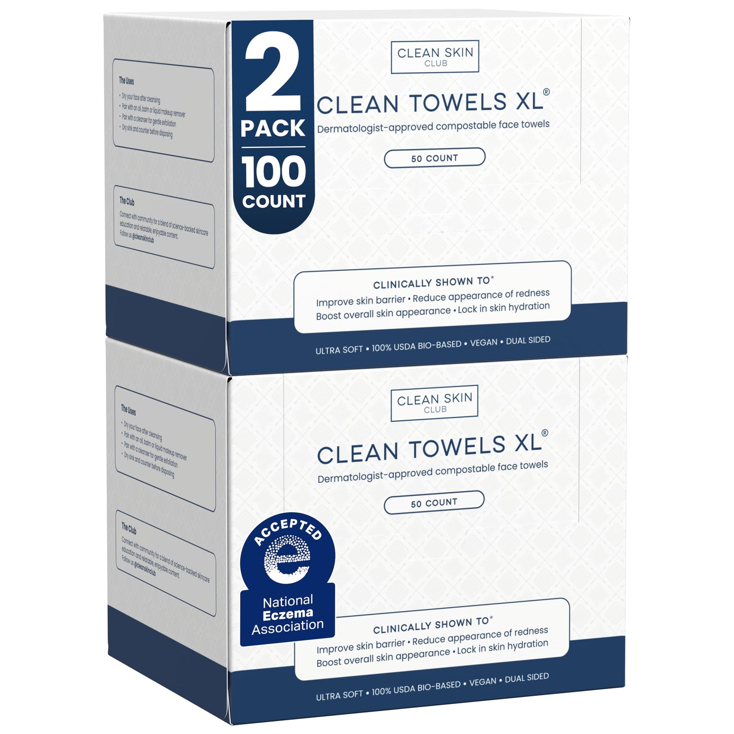 Clean Towels XL®, 100% USDA Biobased Face Towel, Disposable Face Towelette, Eczema Association Accepted, Makeup Remover Dry Wipes, Ultra Soft, 50 ct per pack, 3 Packs, 150 Ct Total