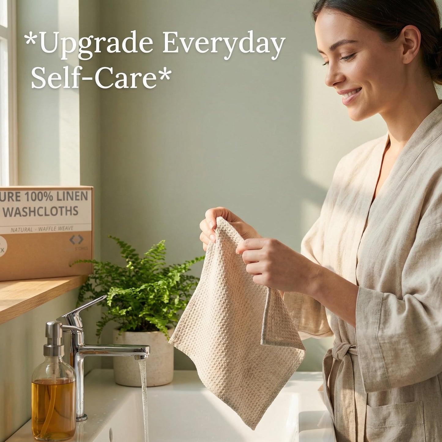 Thing Stories Flax Linen Washcloths for Bathroom - Waffle Washcloths 4-Pack 10x10 inch - Linen Face Cloths - Waffle Weave Cleaning Cloths with Loop - Exfoliating Face Towel for Women
