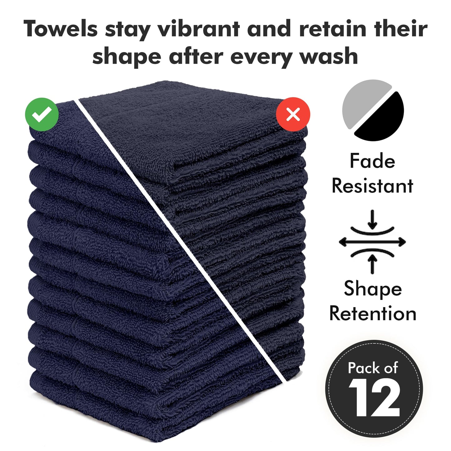 Novo Home Face Towels Pack of 12 – 100% Cotton Wash Cloths (12x12 inch) – Soft, Quick Dry & Highly Absorbent Hand Towels for Bathroom, Spa, Gym, Kitchen and for Daily Use - (Navy Blue)