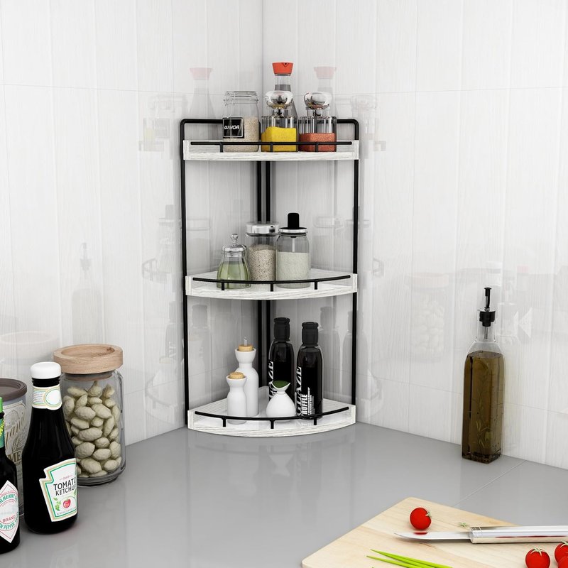 Dorhors 3-Tier Corner Bathroom Organizer - Rustic White Wood Vanity Tray for Kitchen & Bathroom Storage