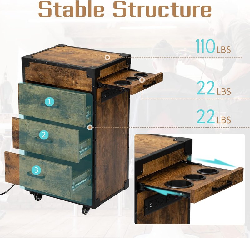 Rolling Station for Hair Stylists - Salon Trolley Cart with Power Outlets | Rustic Brown Storage Solution