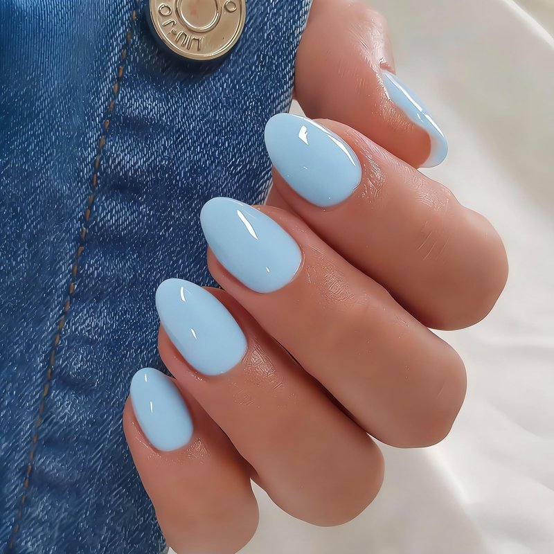 JOYVVEW Pastel Soft Blue Press on Nails Short Oval, 32 Pcs 16 Sizes Soft Gel Fake Nails Press ons Almond, Natural Glossy Opaque Glue on Nails with Glue, Acrylic False Nail for Women Daily Looks