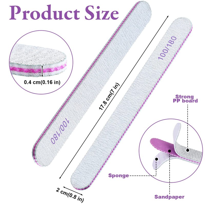 200 Pcs Nail Files 100/180 Grit Double Sides Emery Boards Reusable Nail Files for Acrylic Fingernails Professional Manicure Tools for Natural Acrylic Fingernail Home and Salon Supplies