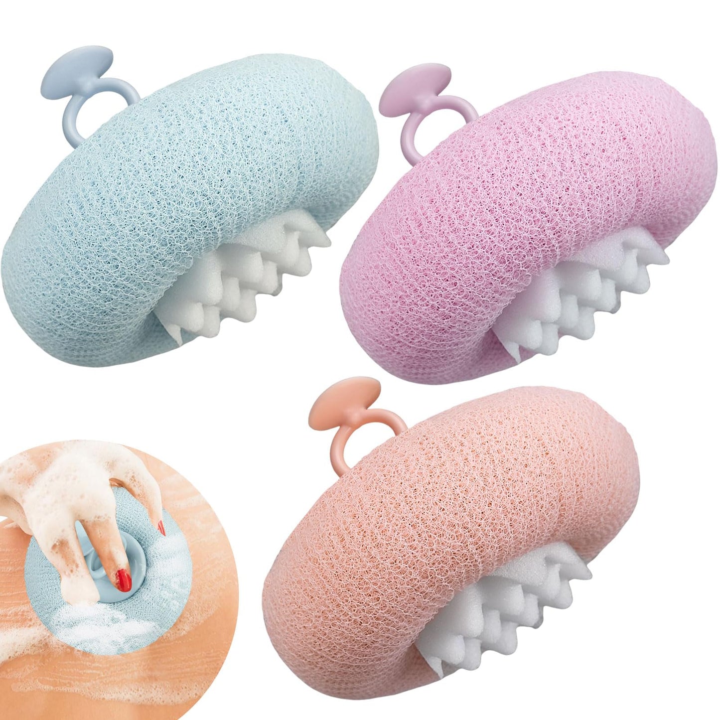 FWUNYVN 3Pcs 2-in-1 Sunflower Bath Ball, Super Soft Exfoliating Bath Sponge Cleaning Brush, Bath Loofah Sponge，Hangable Suction Cup Bath Ball for Women Men(Pink+Blue-Green+Purple)