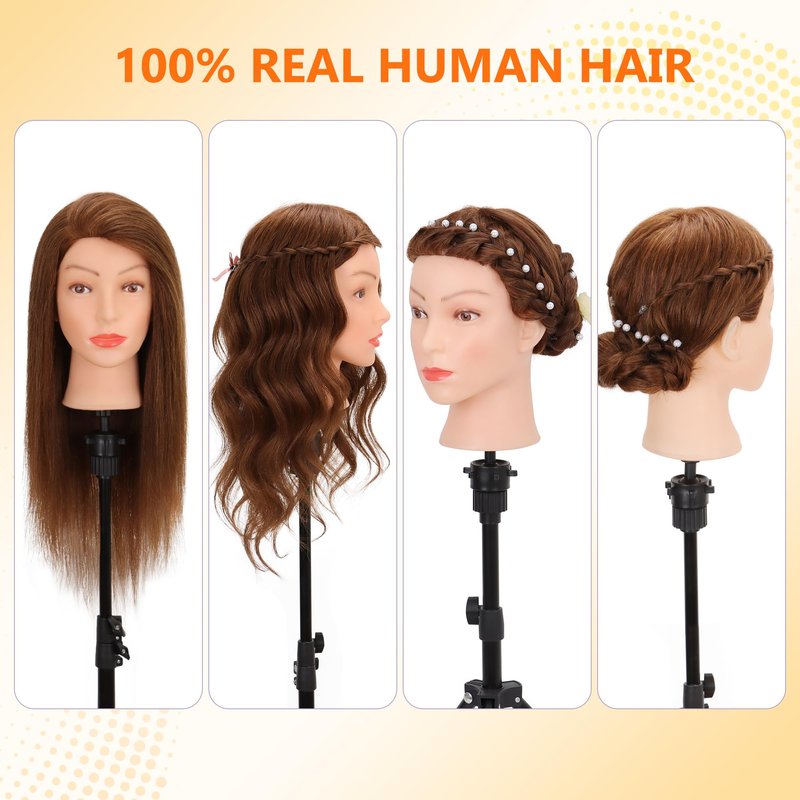 Mannequin Head with 100% Real Human Hair Cosmetology Training Doll Head for Hair Styling Cutting Braiding (Dark Brown)