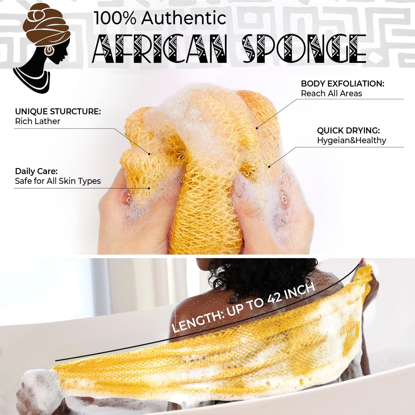African Net Sponge Authentic - Exfoliating Back Scrub Bath Sponge with Knots - Afro Scrub Body Scrubber Exfoliator Washcloth - African Body Care Daily Use Shower Essentials