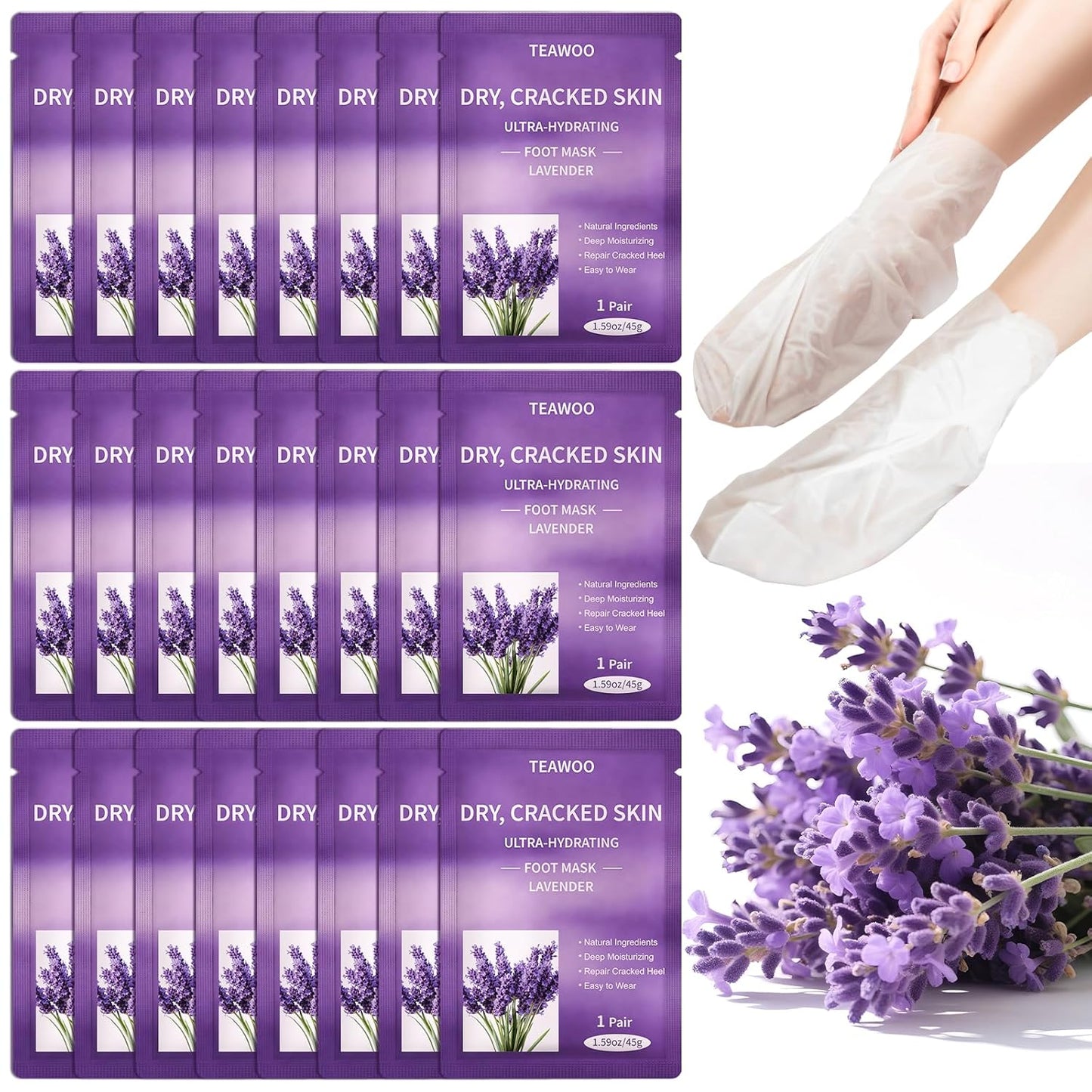 TEAWOO Moisturizing Foot Masks - 24 Pairs with Lavender & Jojoba Oil for Dry, Cracked Feet