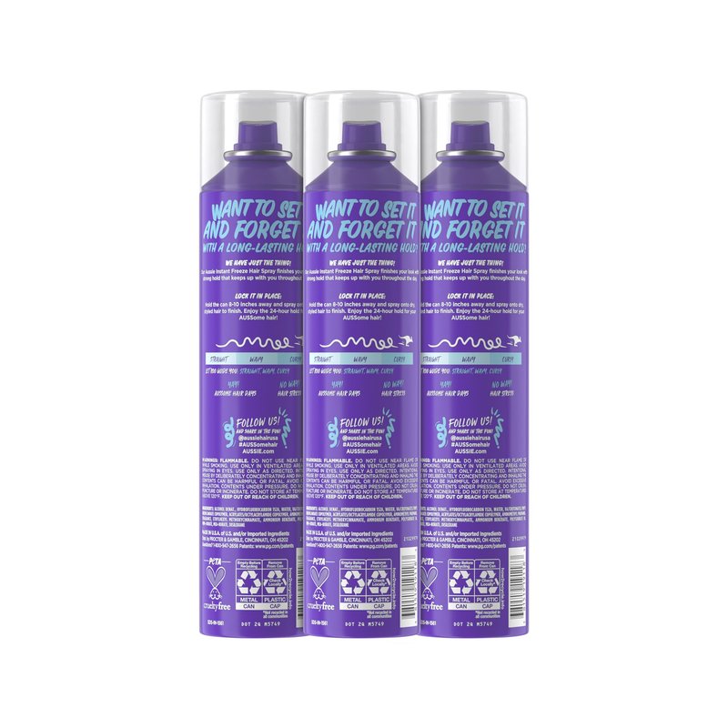 Aussie Instant Freeze Hair Spray for Extreme Hold, Long-Lasting All-Day Fresh Citrus Scent, Safe for All Hair Types, 10 Fl Oz, 3 Pack