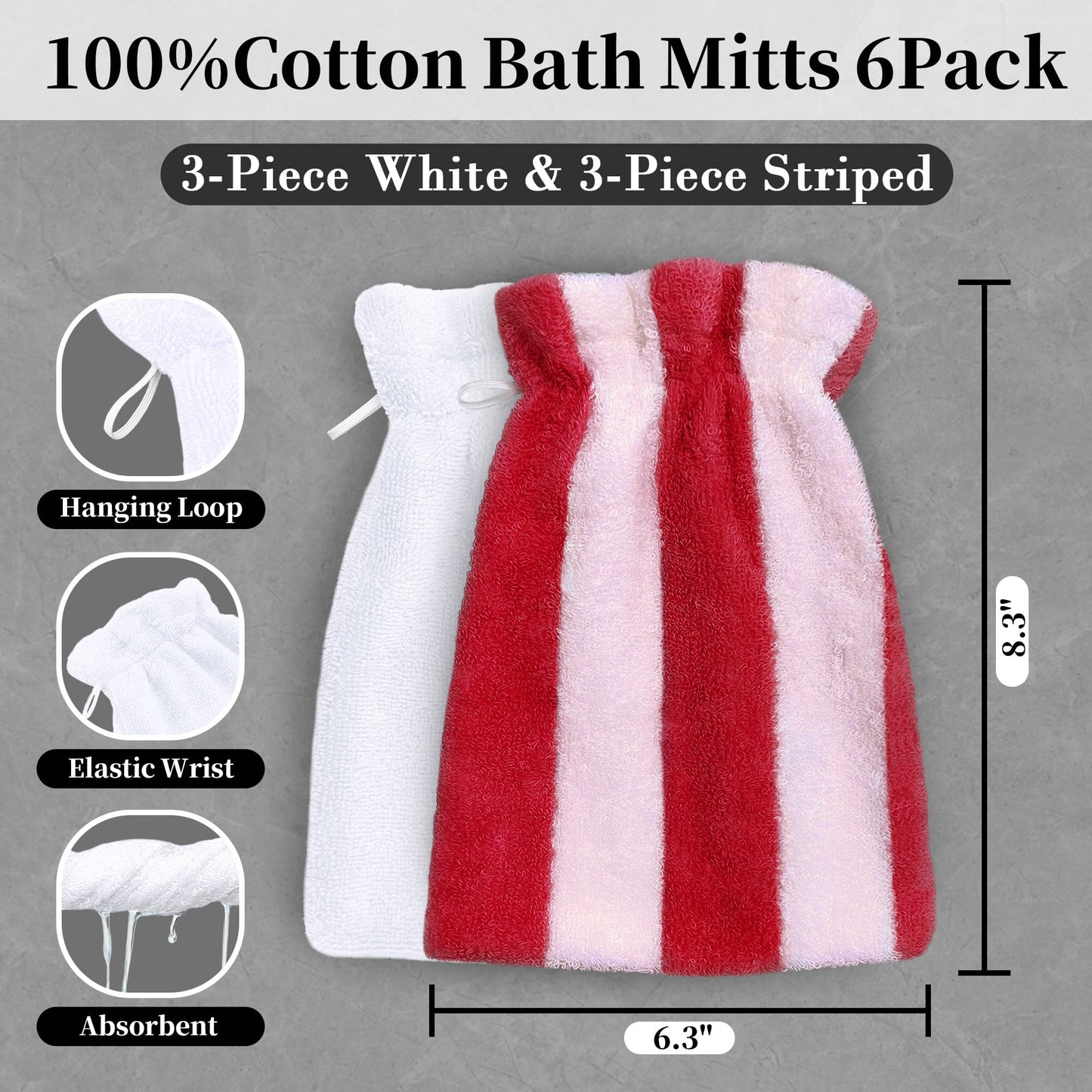 VOOVA & MOVAS 6-Pack Bath Mitts for Shower, 100% Cotton Soft Absorbent Wash Cloths with Hanging Loop, 8.3x6.3 Inch European Style Bathing Gloves for Body & Spa, Pink Red Stripe & White