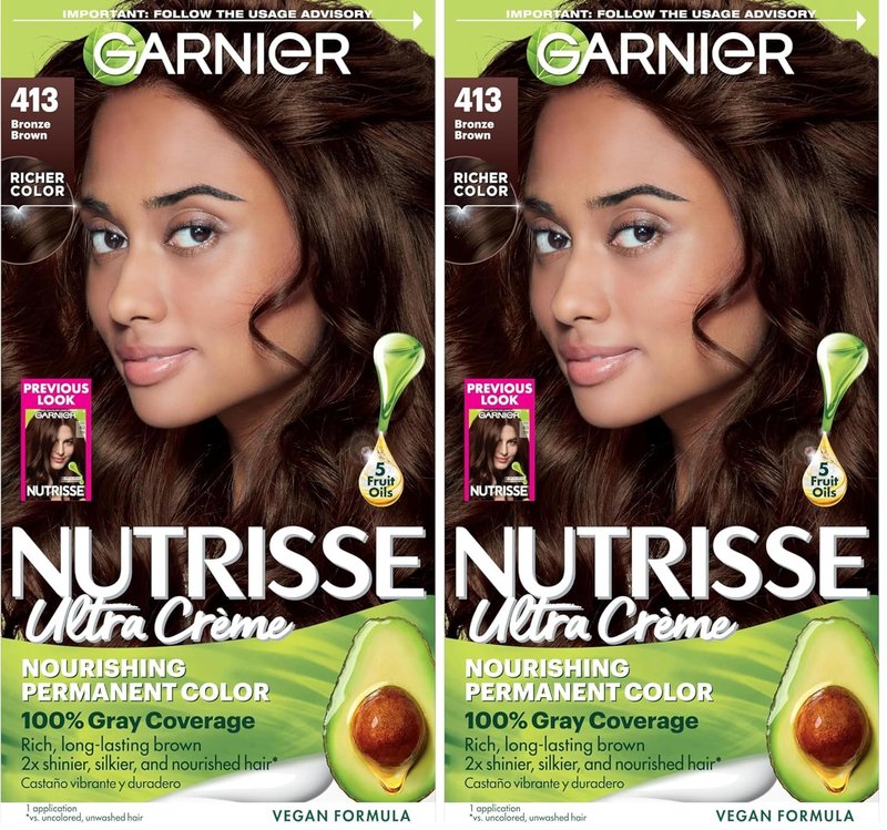 Garnier Nutrisse Ultra Crème Hair Color - Permanent Vegan Hair Dye for 100% Gray Coverage | 413 Bronze Brown, 2 Count