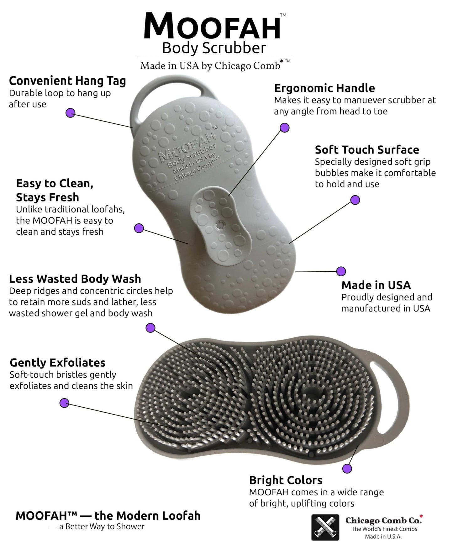 MOOFAH™ Body Scrubber- Deep Cleansing, Gentle Exfoliation for Smoother Skin, Soft-Touch Bristles, Made in USA by Chicago Comb, Easy Rinse, Quick-Dry (Shadow Grey)