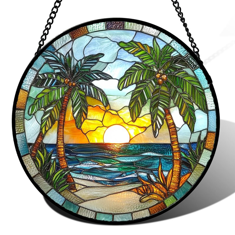 GEFOS Stained Glass Window Hanging Sea Beach Coconut Trees Sunrise 7.8" - Suncatcher Door Garden Sunroom Sun Catcher Home Decor Birthday Christmas for Mom Men Woman Nana