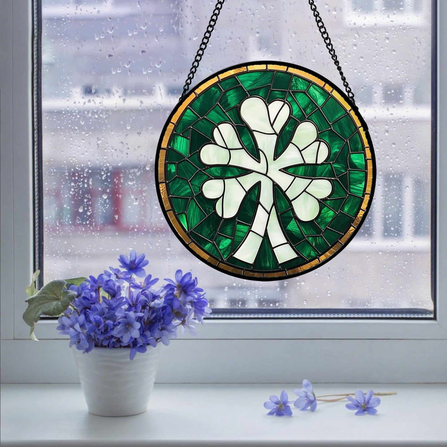QZQCBLC Stained Glass Window Hanging Green Clover 6.3" - Suncatcher Door Garden Sun Catcher Home Ireland Decor Birthday Mother's Day St Patrick's Day Gifts for Mom Men Woman Wife Friend