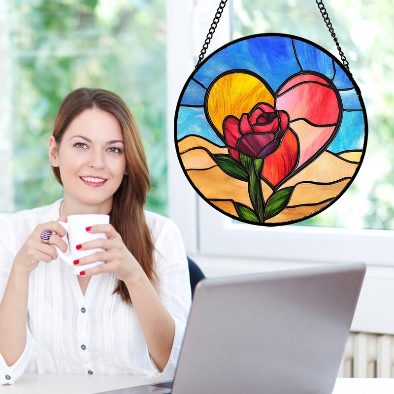 QZQCBLC Stained Glass Window Hanging Pink Heart Roses 7.8" - Suncatcher Door Garden Sun Catcher Home Decor Valentine Birthday Christmas for Mom Woman Lover Friends Wife Girl