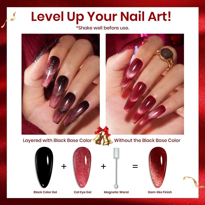 Beetles Cat Eye Gel Nail Polish Set, 6 Colors Glitter Gel Polish Kit Red Pink Shiny Brown Burgundy Purple Blue Green Magnetic Effect Sparkle Stunning Soak Off UV Manicure Gifts for Women