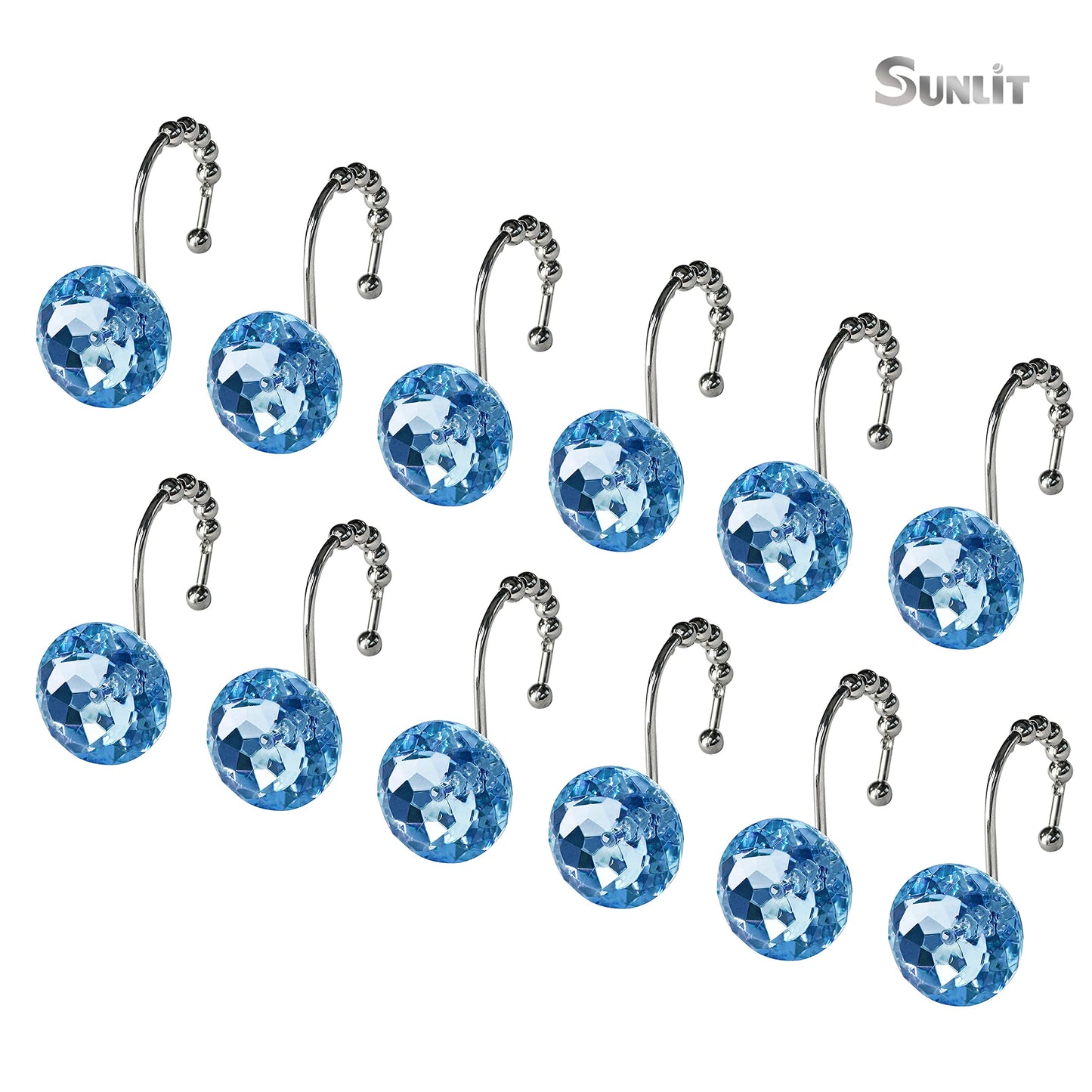 Sunlit Luxury Design Round Blue Diamond Crystal Gem Bling with Glide Balls Shower Curtain Hooks, Rust Proof Metal Rhinestones Glam Shower Curtain Rings-12 Pack