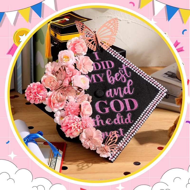 Feifeiya 41 Pcs DIY Graduation Cap Decorations Accessory Kit Include Faux Flower Heads Graduation Quote Glitter Sticker 3D Butterfly Pearl Rhinestones Sticker (Classic,Pink)