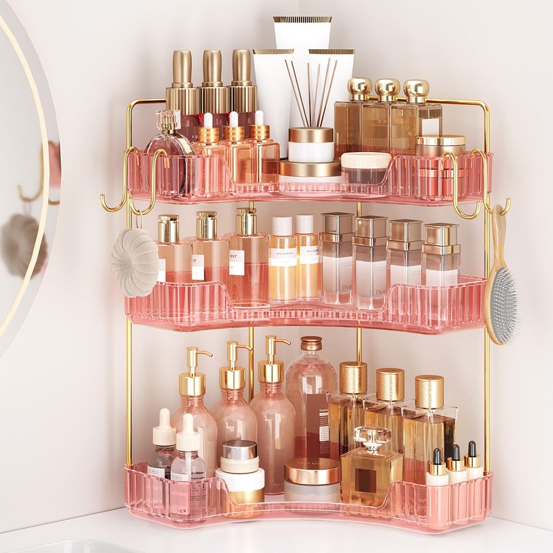 Kinkota Corner Bathroom Counter Organizer 3-Tier Bathroom Organizer Countertop with Hooks Perfume Organizers Storage Shelf for Makeup & Skincare Dresser-Pink