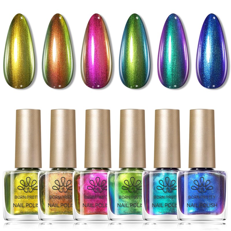 Born Pretty Chameleon Nail Polish Set, 6 Colors Chrome Holographic Metallic Glitter Quick Dry Nail Lacquer Kit Long Lasting DIY Fingernail Art Home Salon Valentines Gifts for Women Girls