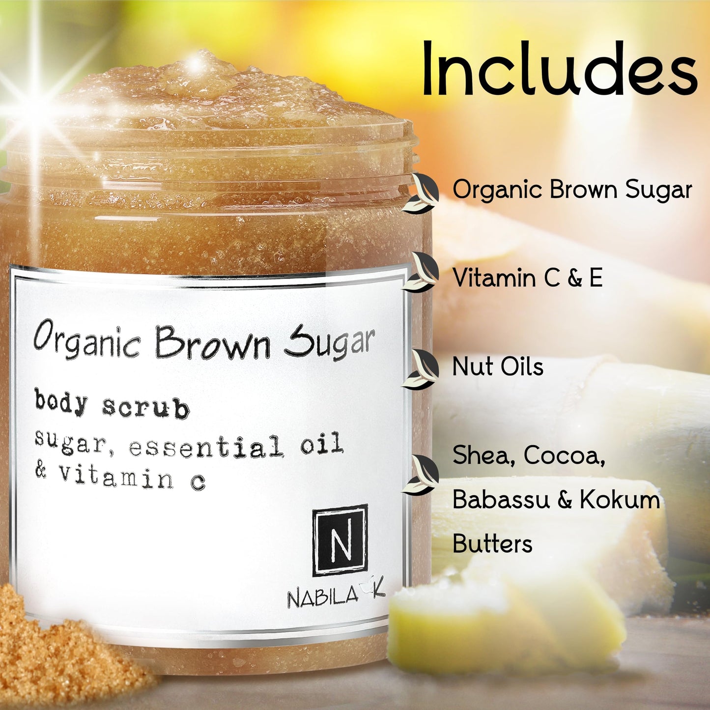 Nabila K Organic Brown Sugar Body Scrub for Women & Men | Sulfate-Free, Cruelty-Free, Natural Exfoliant with Vitamin C | Cane Sugar and Shea Butter | 3 oz