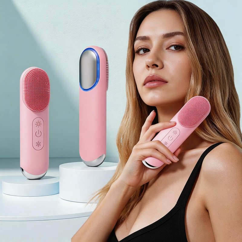 Silicone Facial Cleansing Brush, Portable Electric Face Scrubber with Hot Cold Vibration, 3 Modes, USB‑C Rechargeable, Deep Cleansing, Exfoliating, Pore Minimizing Skin Care Tool for Women Men (Pink)