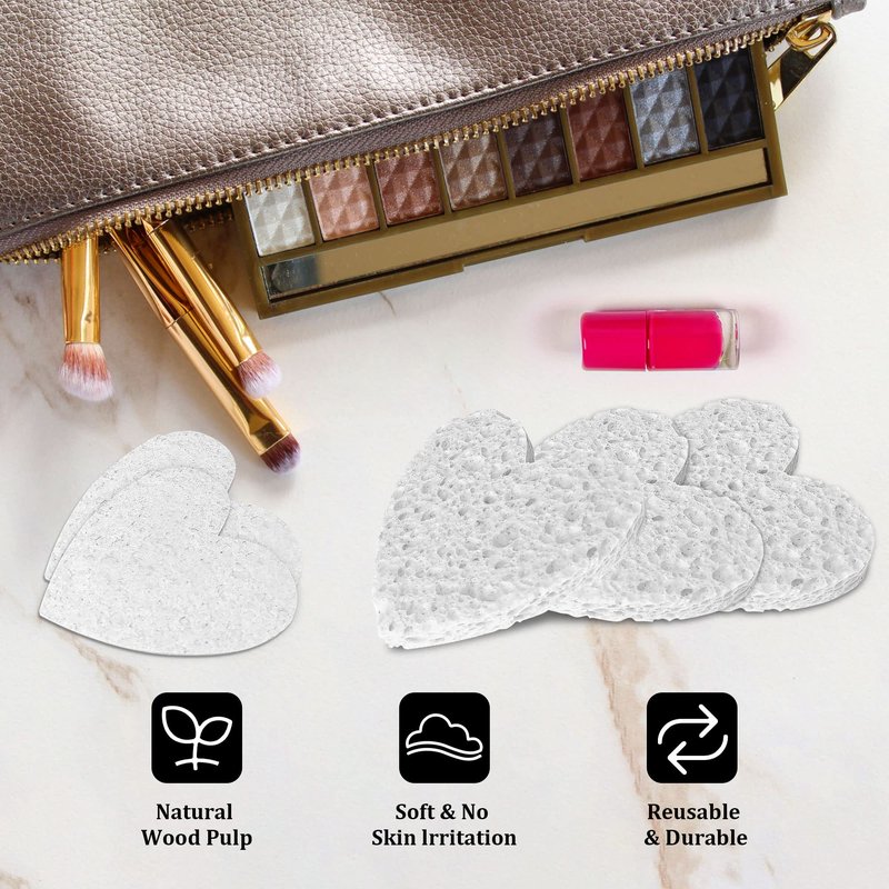 60-Count Kickleen Compressed Cellulose Heart Shape Facial Sponges | 100% Natural Cosmetic Spa Sponges for Facial Cleansing | Exfoliating | Makeup and Mask Removal | Reusable |Skin Massage (White)