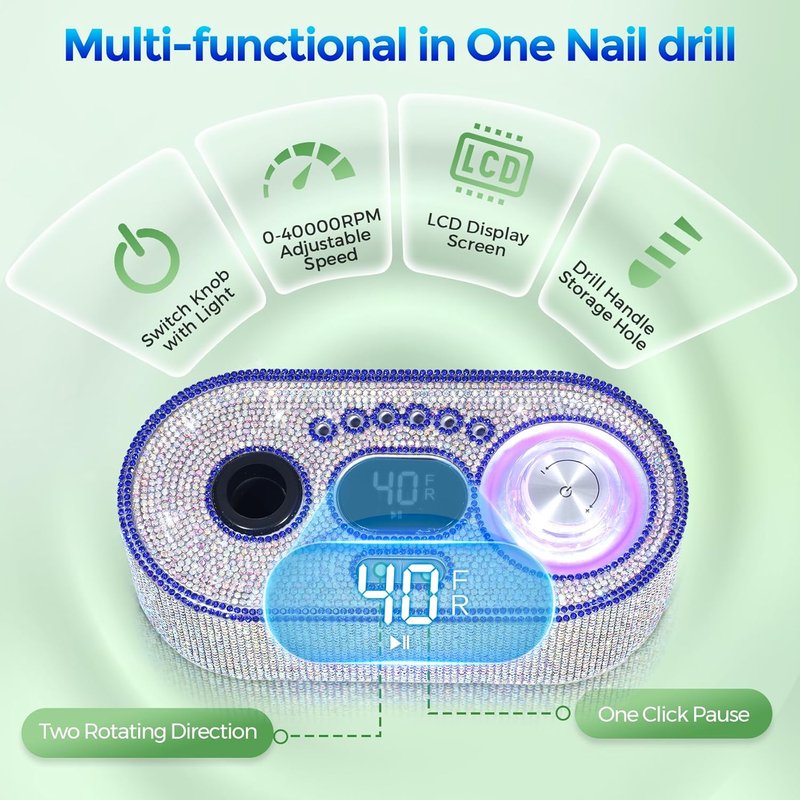 Electric Nail Drill Kit - 40000RPM Professional E-File Machine with 12 Bits for Acrylic Nails | Sparkly Diamond Finish